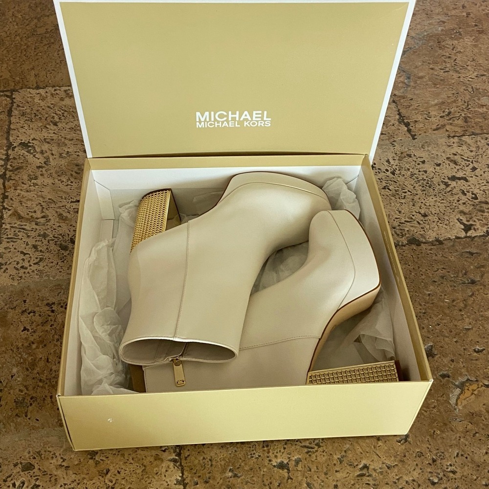 Michael Kors Maxine Platform Bootie Light Cream Leather Gold Cage 9.5 - Picture 5 of 11